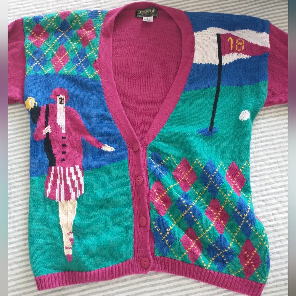 Linksport Pink and Green Golf Sweater - Picture 1 of 5